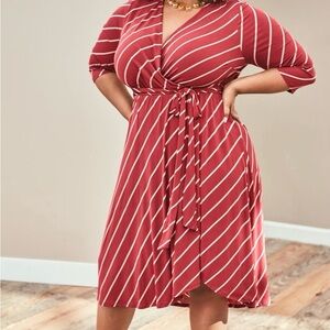 Lane Bryant Rust and White Striped Midi Faux Wrap Dress
